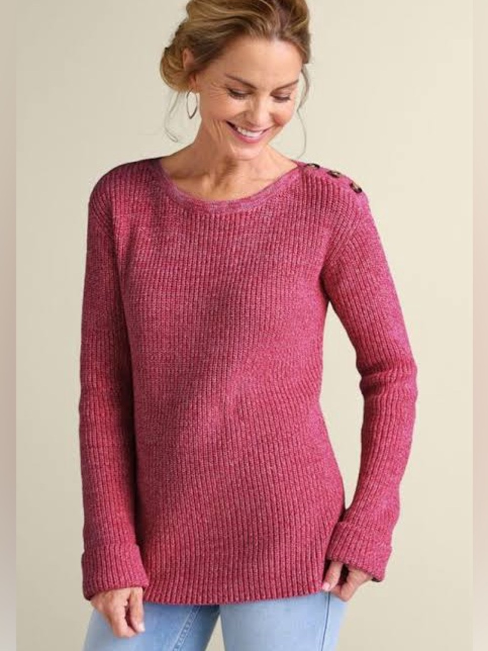 Soft Surroundings Francine Button Shoulder  Ribbed Crewneck Sweater Pink Size 1X